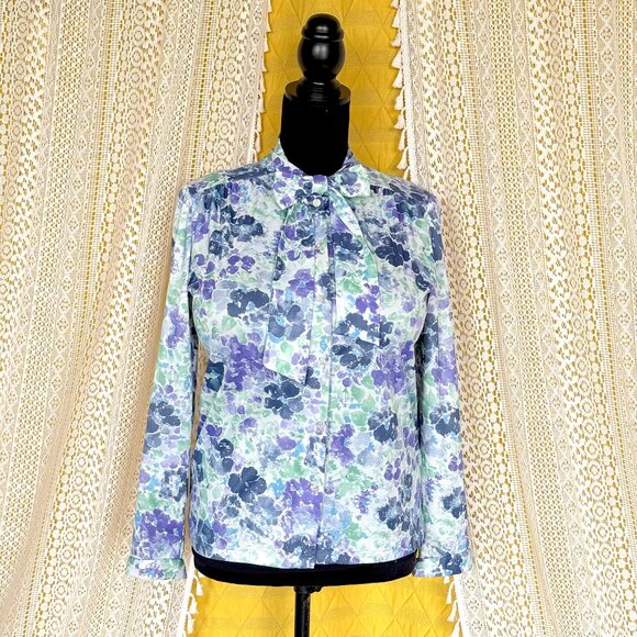 Vintage Blue Purple Green Floral Secretary Necktie Blouse Size L - Picture 4 of 13